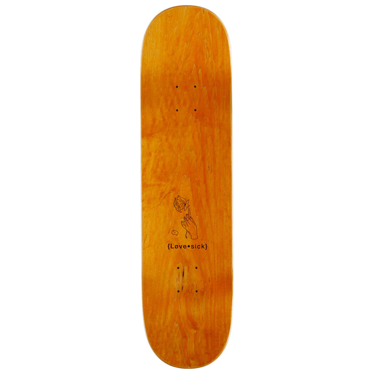 Wooden skateboard deck with a logo on a white background