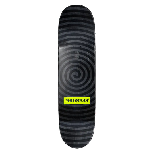 Skateboard deck with black spiral design and 'MADNESS' logo on a white background