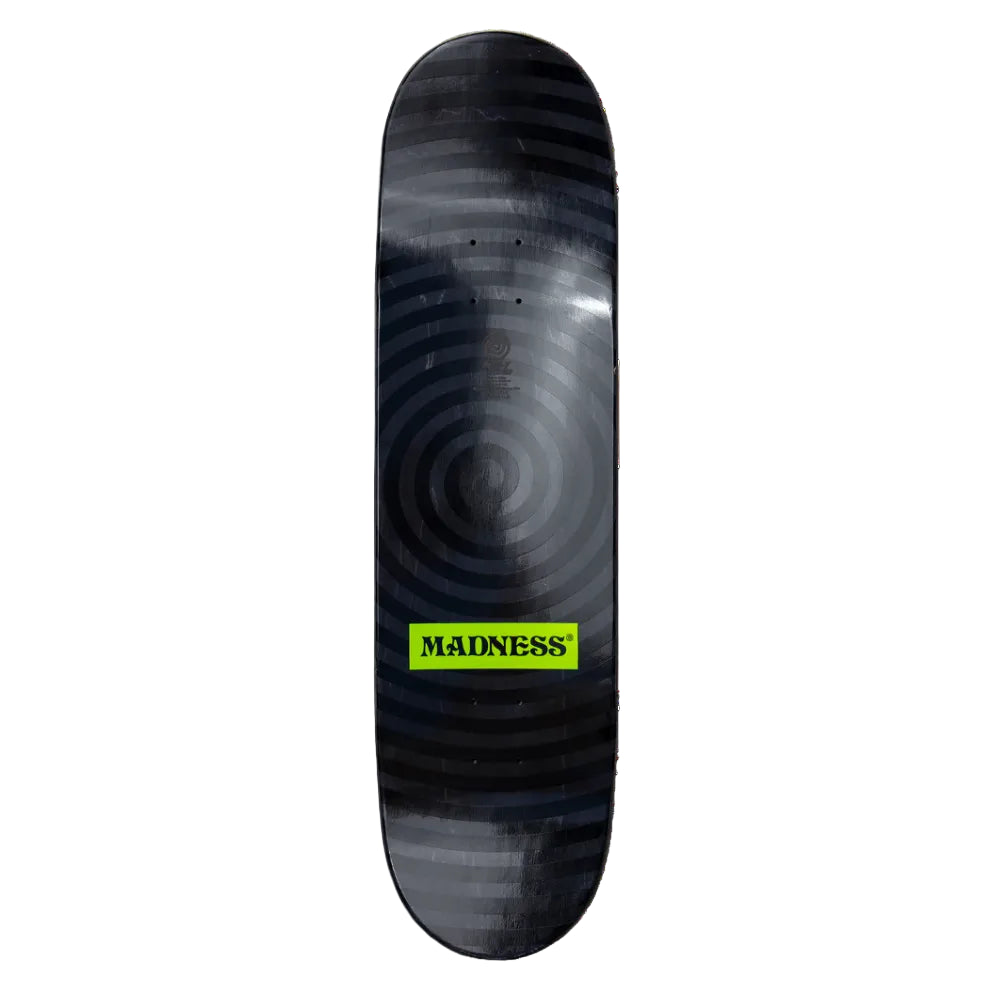 Black and gray striped skateboard deck with 'MADNESS' logo on a white background