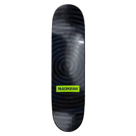 Black and gray striped skateboard deck with 'MADNESS' logo on a white background