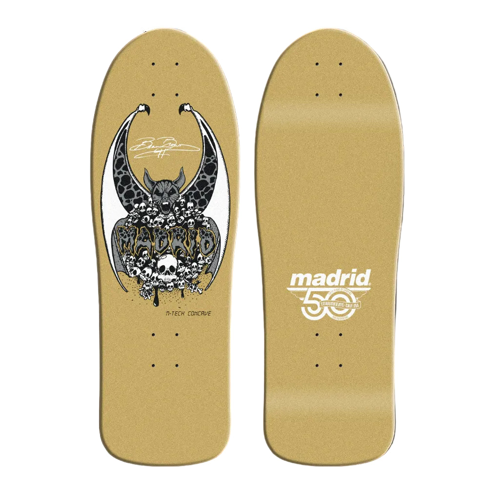 Skateboard deck with black and white graphic design on one side and 'Madrid' branding on the other, on a beige background.