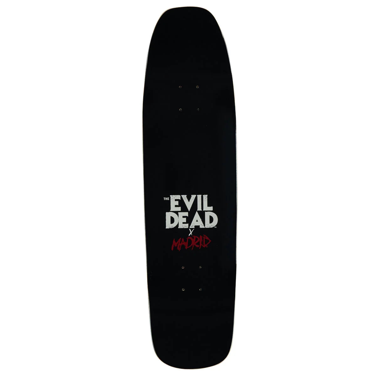 A black skateboard deck featuring a graphic print in the center that reads 'EVIL DEAD x MADRID' in white and red, shown against a plain white background.