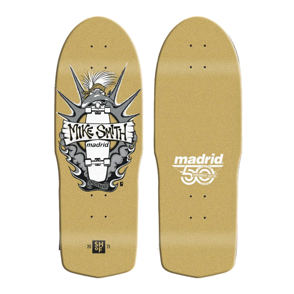Skateboard deck with graphic design and 'madrid' branding on a beige background