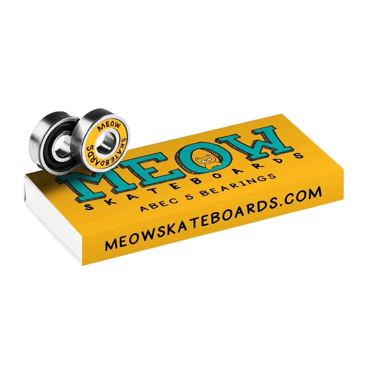 A pair of MEOW Skateboards ABEC 5 Bearings resting on top of their signature yellow packaging box, set against a clean white background.