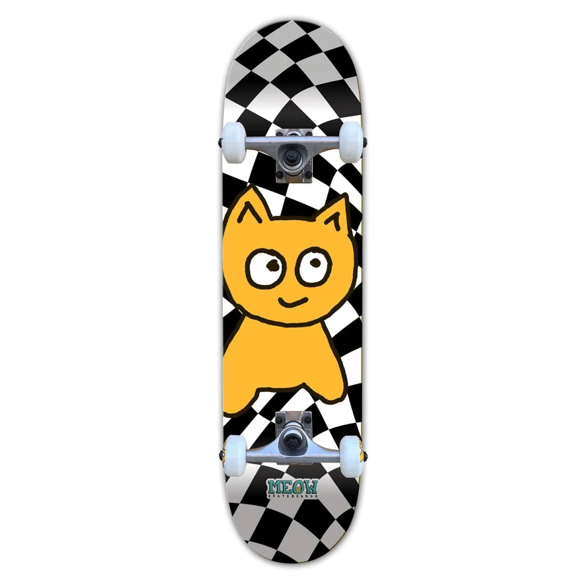 Skateboard with a cartoon cat design on a checkered background