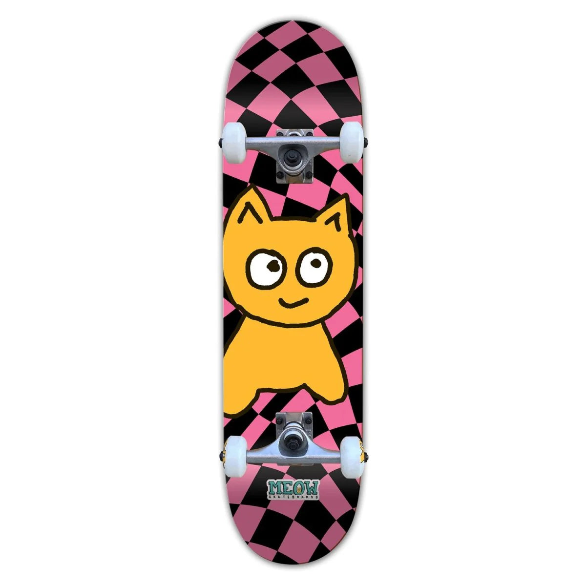 Skateboard with a cartoon cat design on a checkered pink and black background