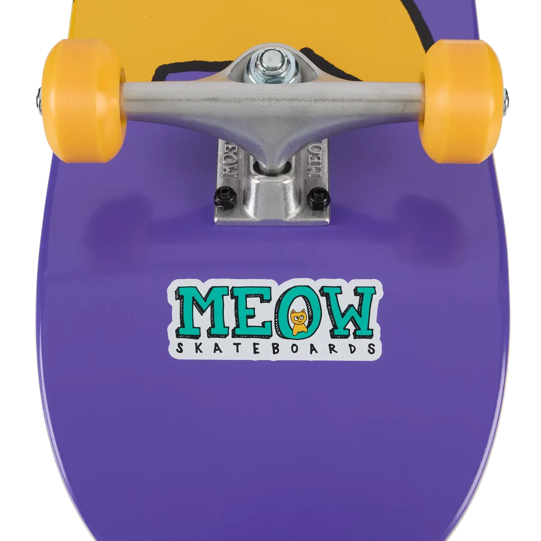 Close-up of a purple skateboard deck with yellow wheels and a visible MEOW SKATEBOARDS logo sticker on the underside, shown against a white background.