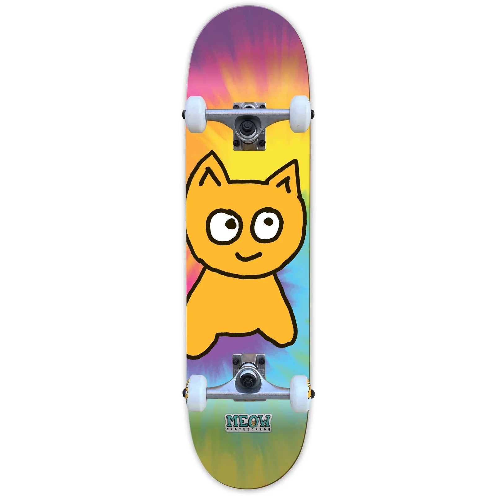 Skateboard with a colorful design featuring a cat illustration on a white background