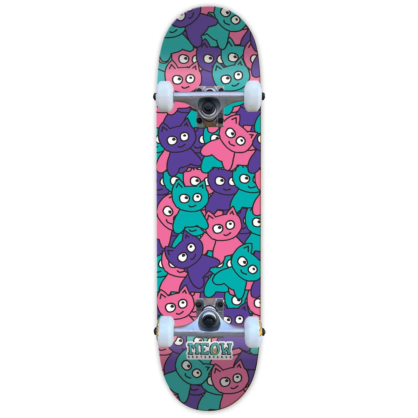 A skateboard deck featuring a dense cartoon monster pattern in pink, purple, and teal, with white wheels and a visible 'MEOW' logo near the tail.