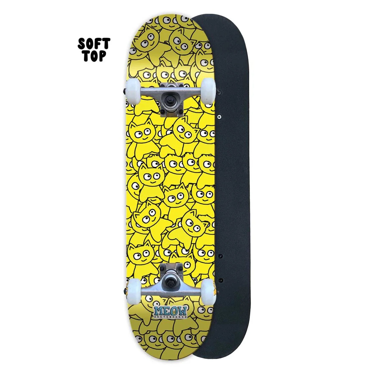 Skateboard with yellow cat pattern on top and black bottom, brand 'MEOW' visible.