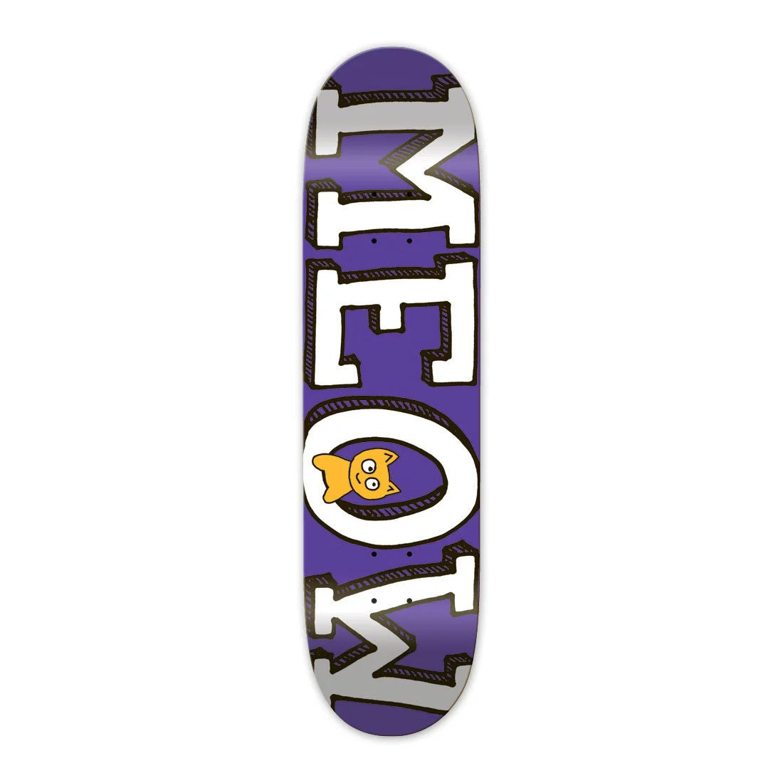 Skateboard deck with a purple and white design on a white background