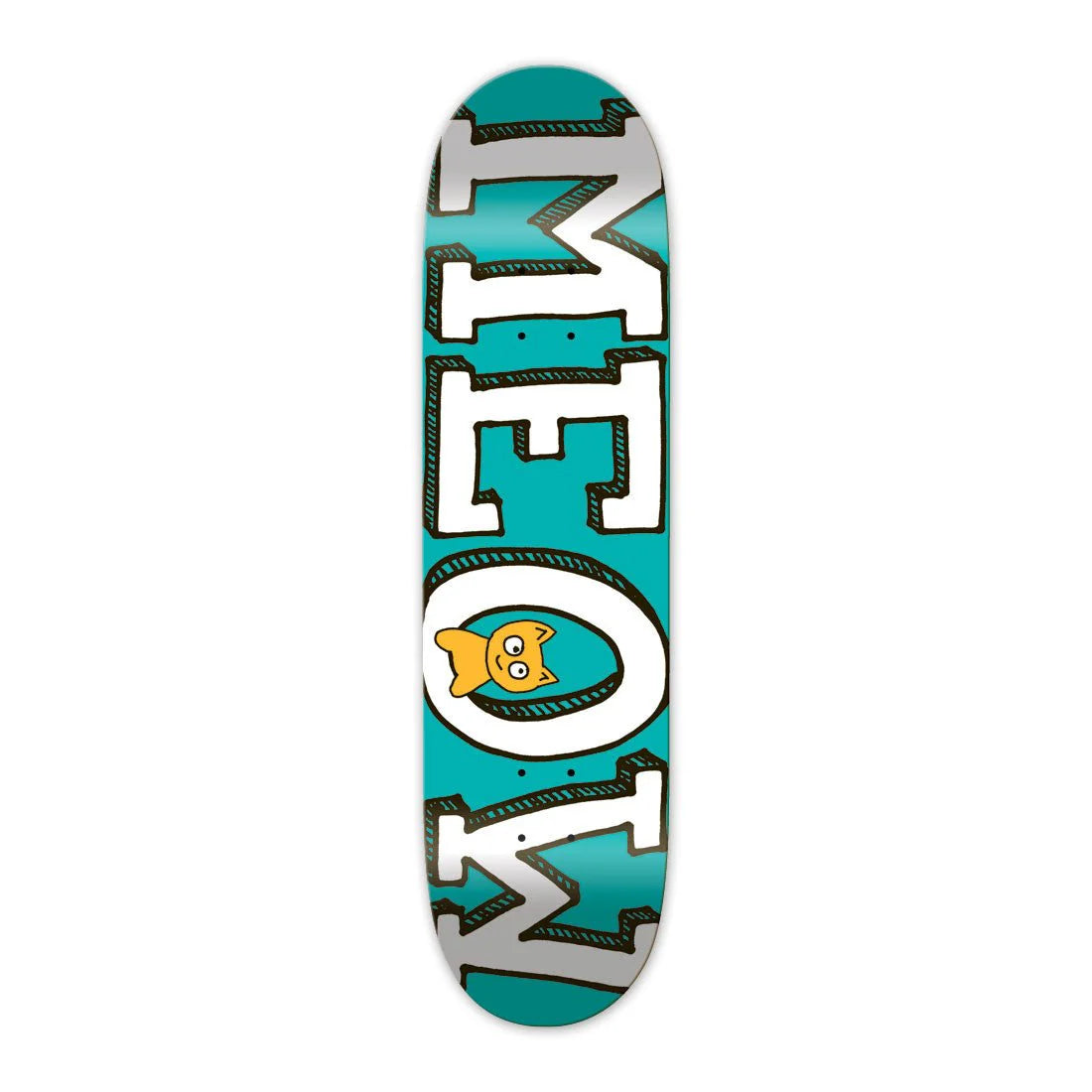 Skateboard deck with a colorful design on a white background