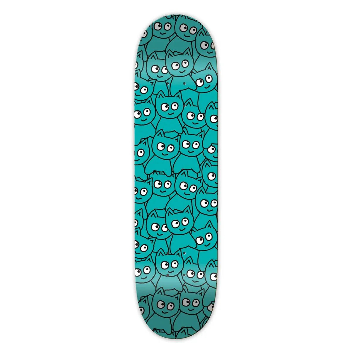 Skateboard deck with a pattern of blue cats on a white background