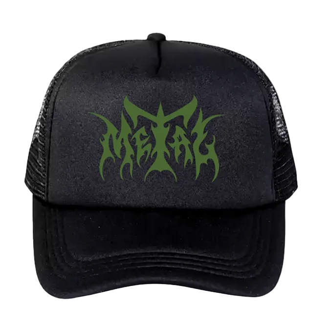 Black cap with green 'Metal' logo on a white background