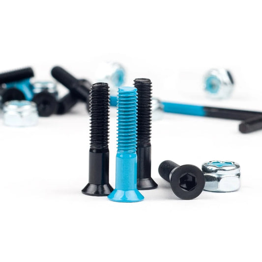 Collection of screws with black and blue colors on a white background