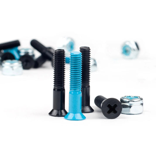 Two metal screws and two nuts on a white background, with one black screw and one bright blue screw, plus blurred matching hardware in the background.