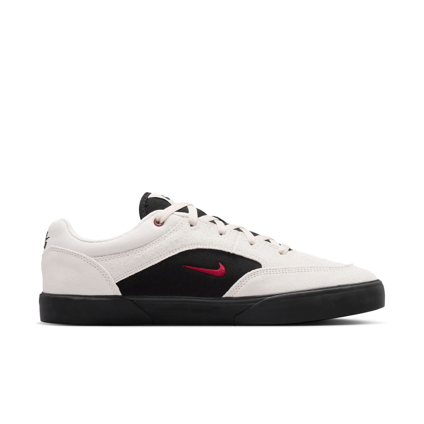 White sneaker with black and red accents on a white background