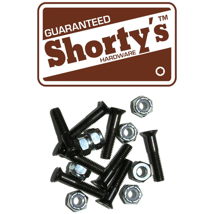 Collection of black screws and nuts with Shorty's Hardware logo on a white background