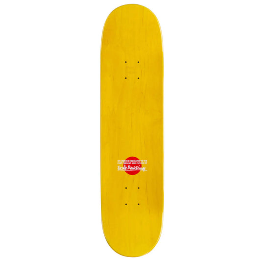 Yellow skateboard deck with a red and white logo on a white background