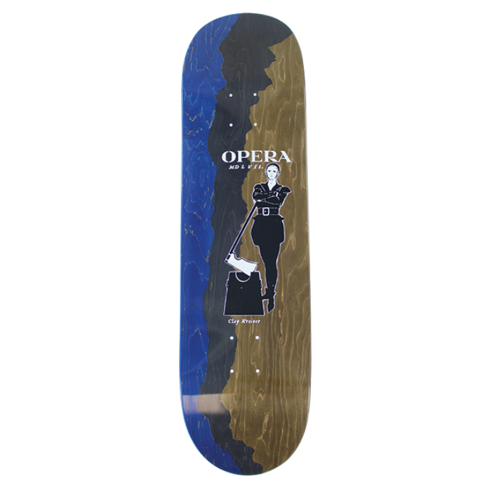 Skateboard deck with 'Opera' branding and design on a white background