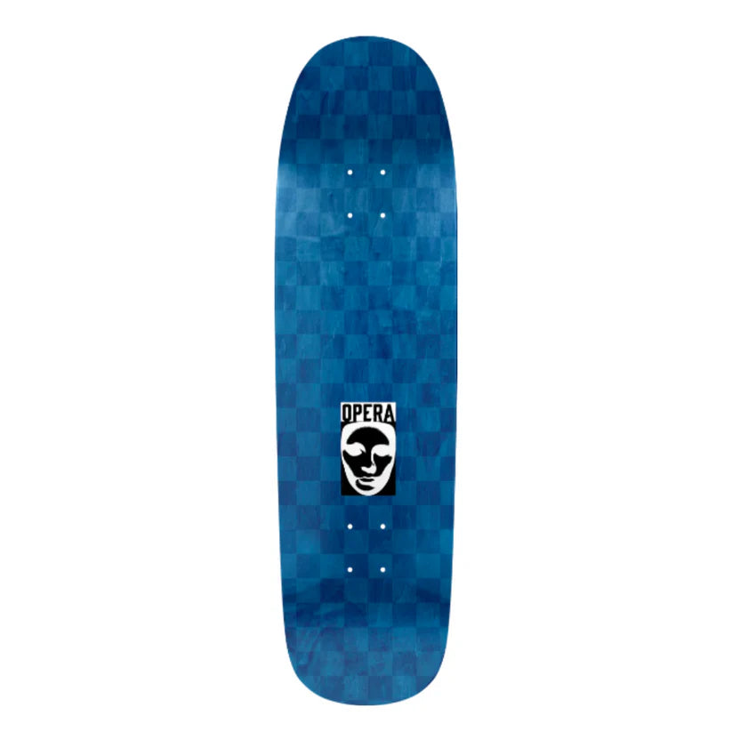 Blue checkered skateboard deck with Opera logo on a white background