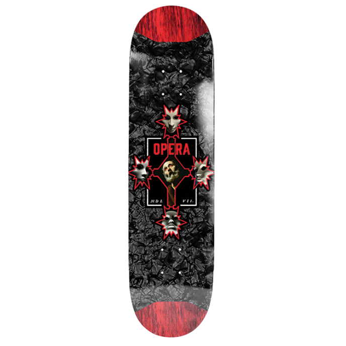 Skateboard deck with red and black design on a white background