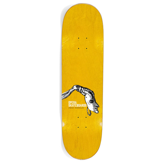 Yellow skateboard deck with a giraffe graphic and 'Opera Skateboards' branding on a white background