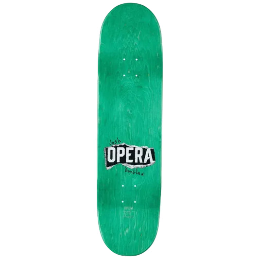 Green skateboard deck with 'Opera' logo on a white background