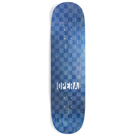 Blue checkered skateboard deck with a brand logo on a white background