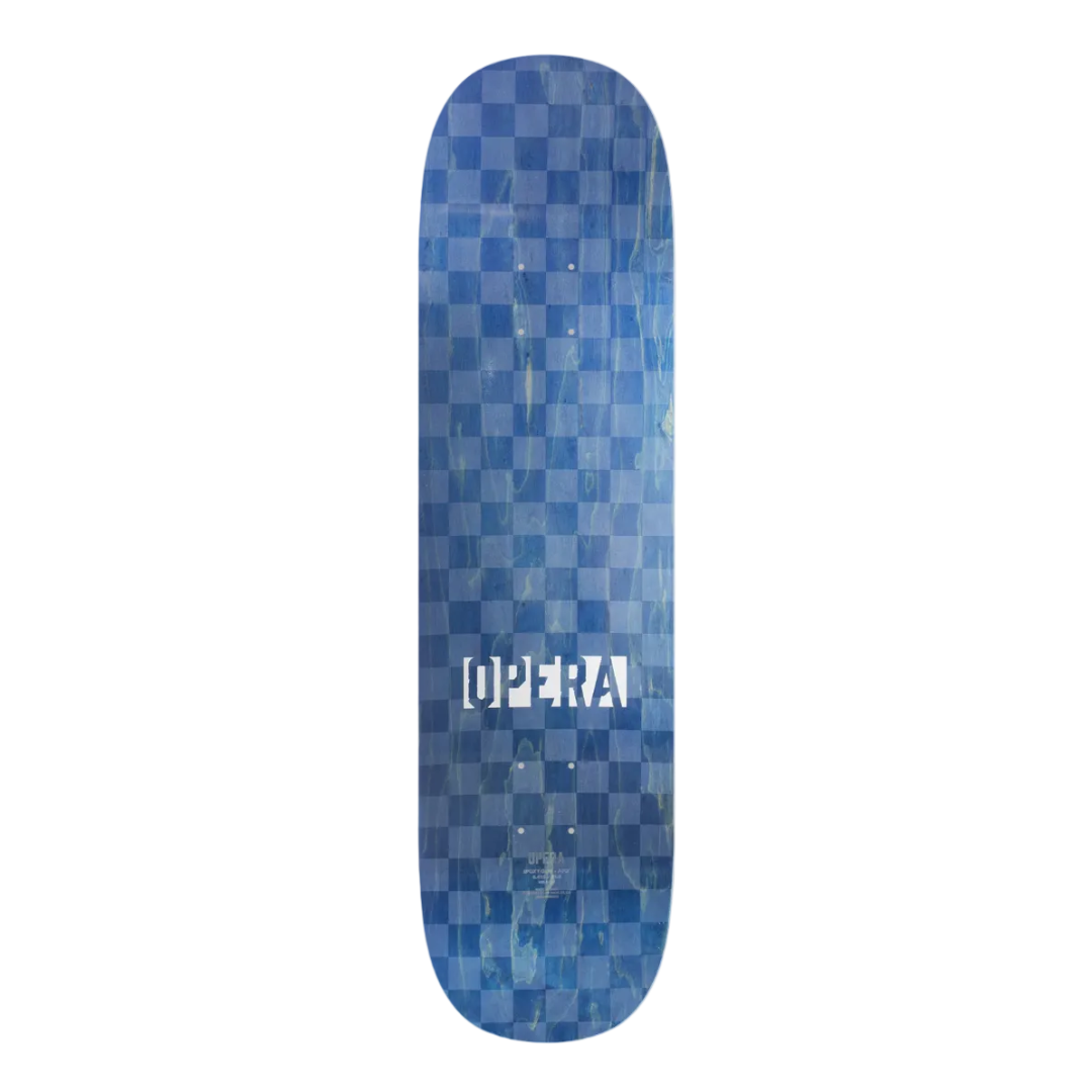 Blue checkered skateboard deck with 'Lupita' branding on a white background