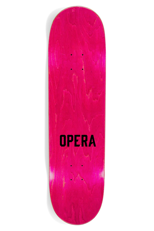 Pink skateboard deck with 'OPERA' branding on a white background
