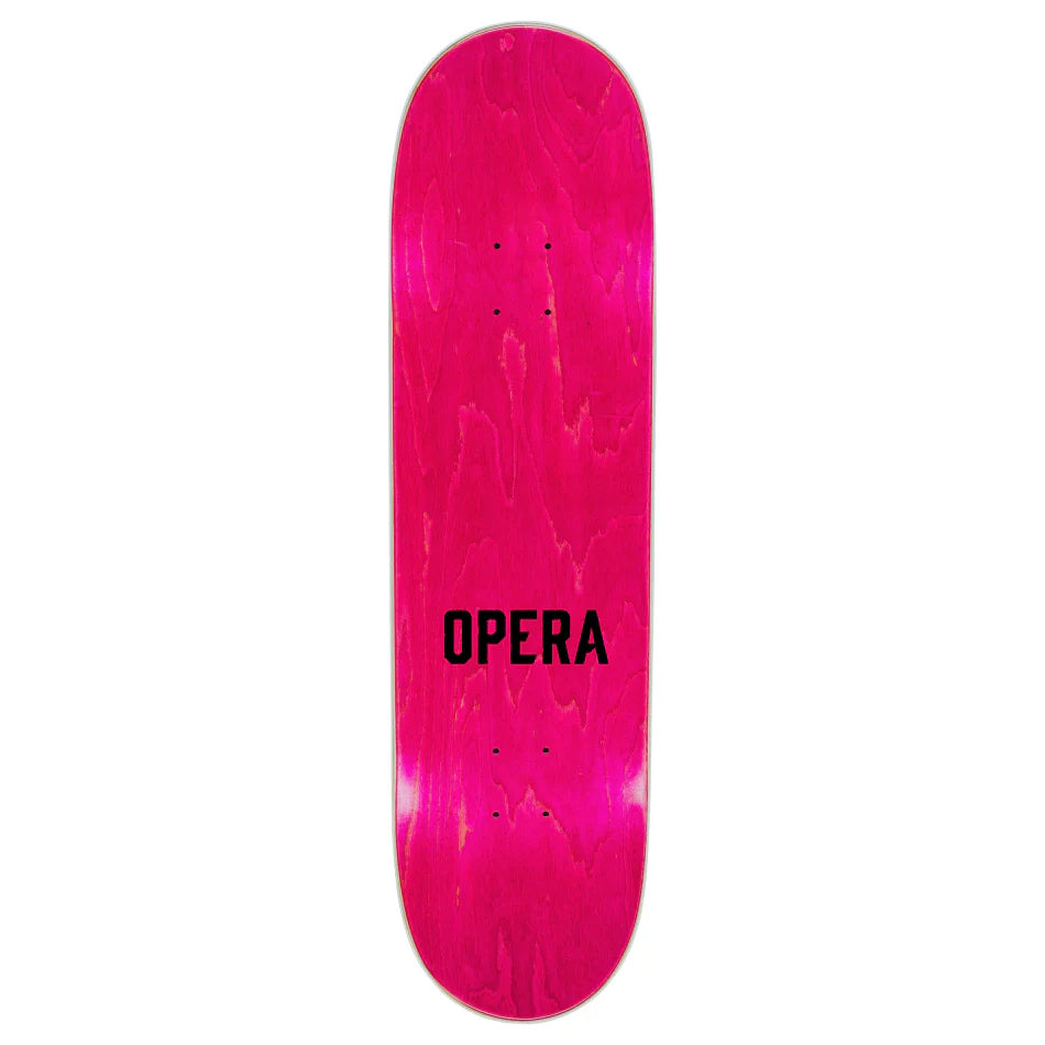 Pink skateboard deck with 'OPERA' branding on a white background