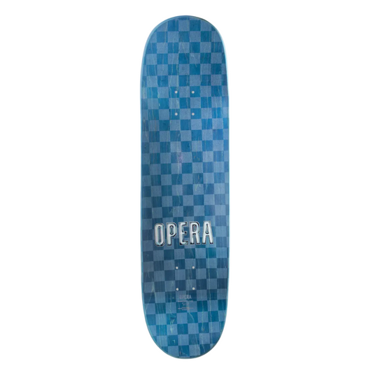 Blue checkered skateboard deck with 'Opera' branding on a white background