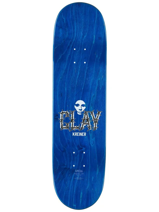 Blue skateboard deck with 'GLAY' and 'Kreiner' branding on a white background
