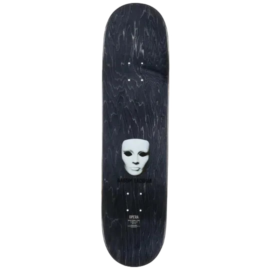 Skateboard deck with a white mask design on a black background