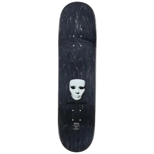 Skateboard deck with a white mask design on a black background