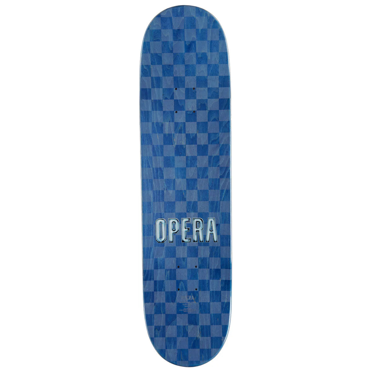 Blue checkered skateboard deck with 'OPERA' branding on a white background