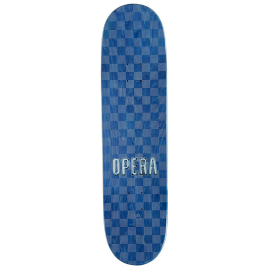 Blue checkered skateboard deck with 'OPERA' branding on a white background