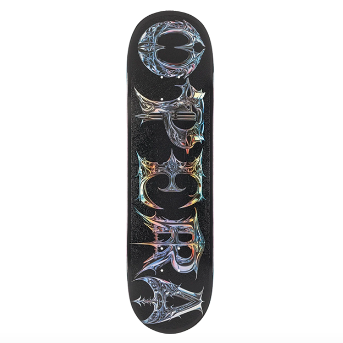 Skateboard deck with a colorful geometric design on a white background