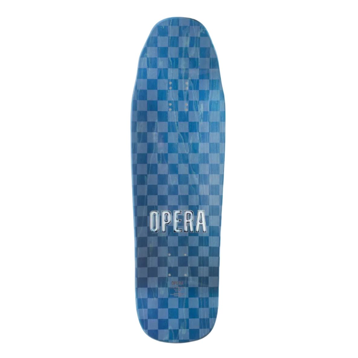 Blue checkered skateboard deck with 'OPERA' branding on a white background