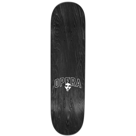 Black skateboard deck with 'Opera' logo on a white background