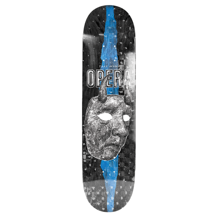 Skateboard deck with a face design and 'Opera' branding on a white background