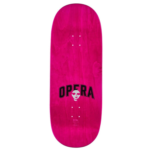 Pink skateboard deck with 'Opera' logo on a white background