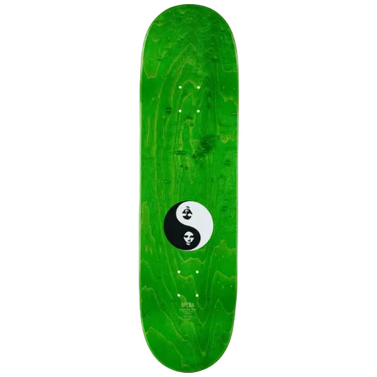 Green skateboard deck with a black and white symbol on a white background