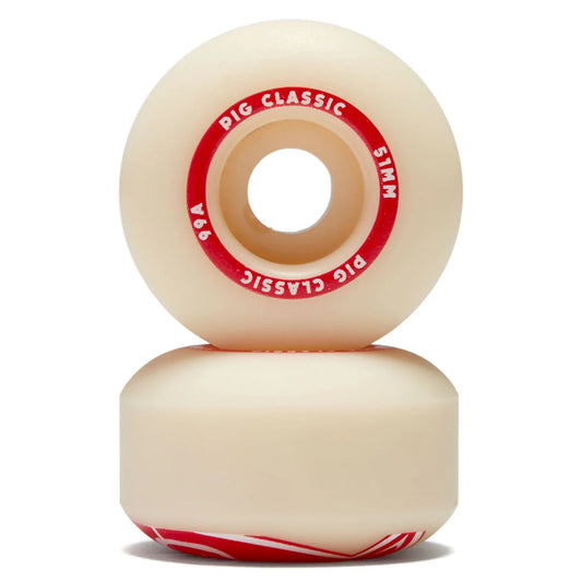 Two beige skateboard wheels with red and white text on a white background