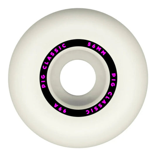 White skateboard wheel with purple text on a white background
