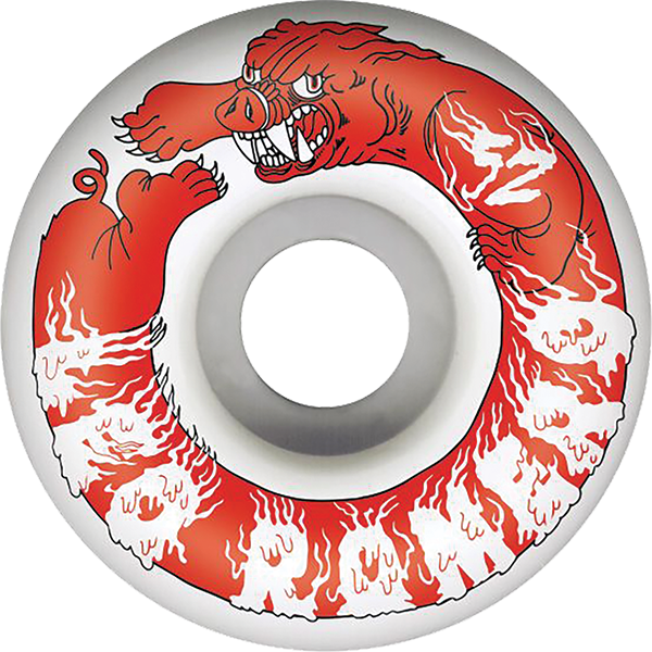 Skateboard wheel with red and white dragon design on a white background