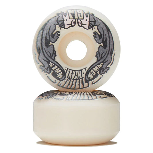 A pair of vintage-style skateboard wheels stacked vertically on a white background. The wheels are a warm cream/off-white color with a black graphic design featuring a crown logo at the top and the text 'MADNESS WHEELS' wrapped around the center.