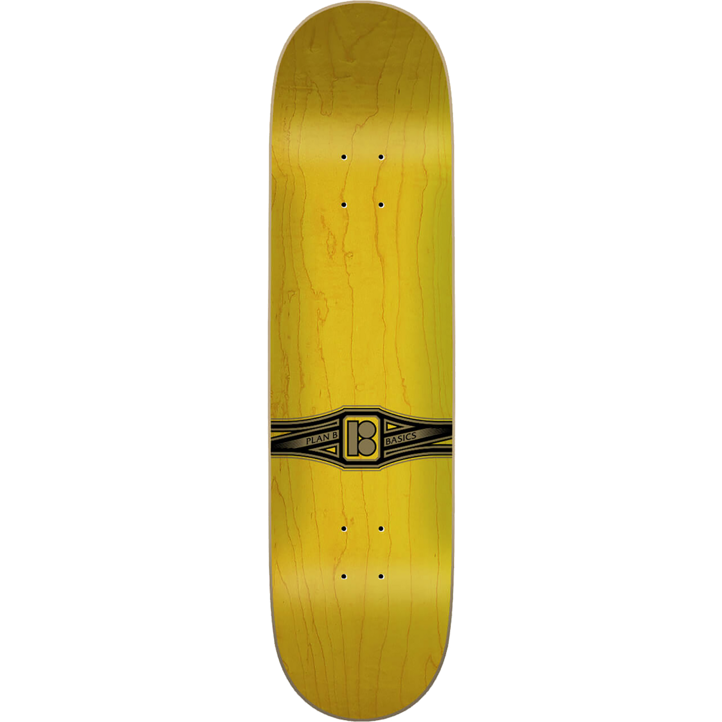 Yellow skateboard deck with a black logo on a white background