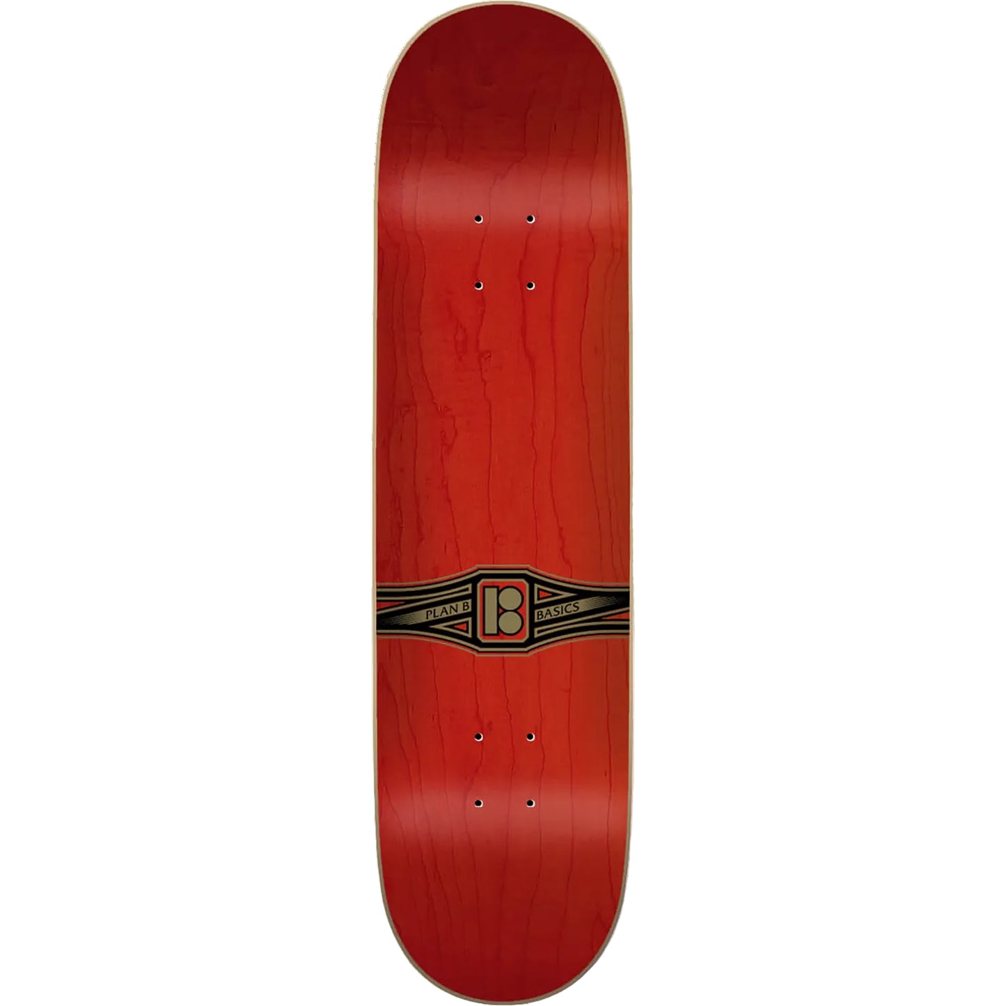 Red skateboard deck with a black and gold logo on a white background